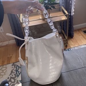 White crocodile print bucket bag